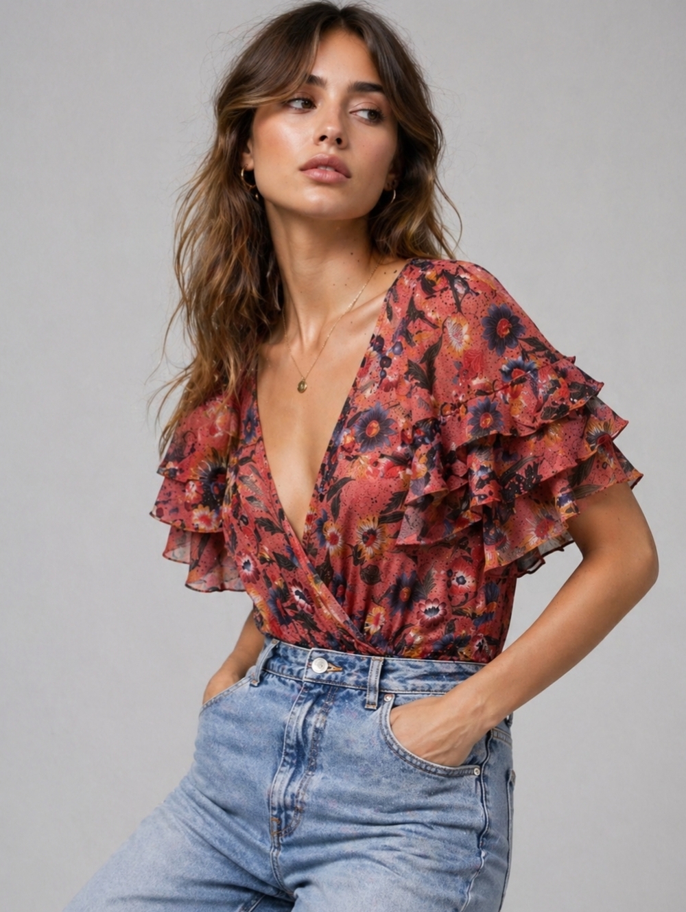 Zara Red Floral Ruffle-Sleeve Bodysuit